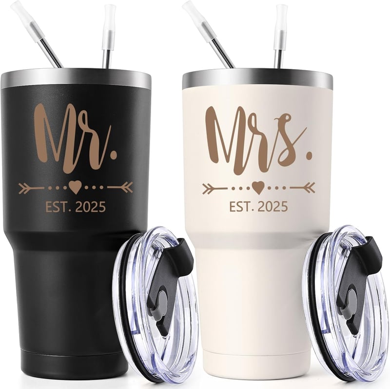 Wedding Gifts: Mr & Mrs EST 2025 Stainless Steel Tumbler Set