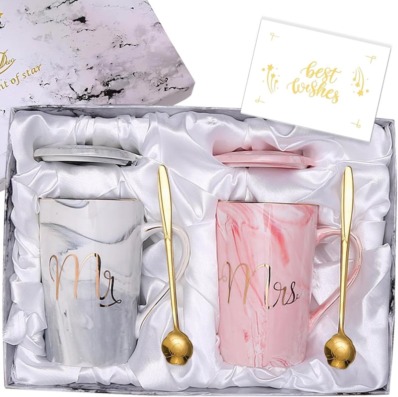 Mr and Mrs Coffee Mugs Set for Couples, 14 oz Gray & Pink