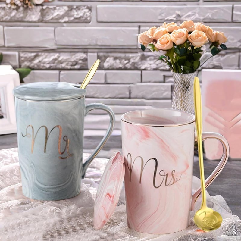 Mr and Mrs Coffee Mugs Set for Couples, 14 oz Gray & Pink