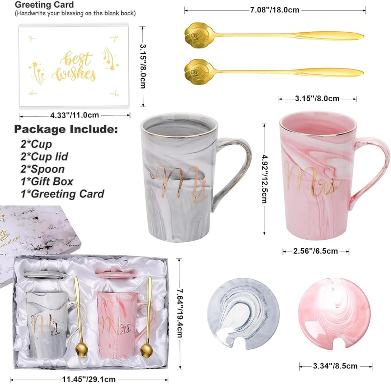 Mr and Mrs Coffee Mugs Set for Couples, 14 oz Gray & Pink