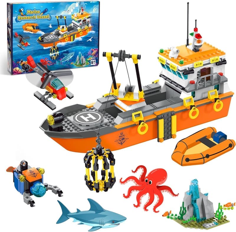 Ocean Explorer Ship Building Set with LED Lights - Birthday Gift for Kids