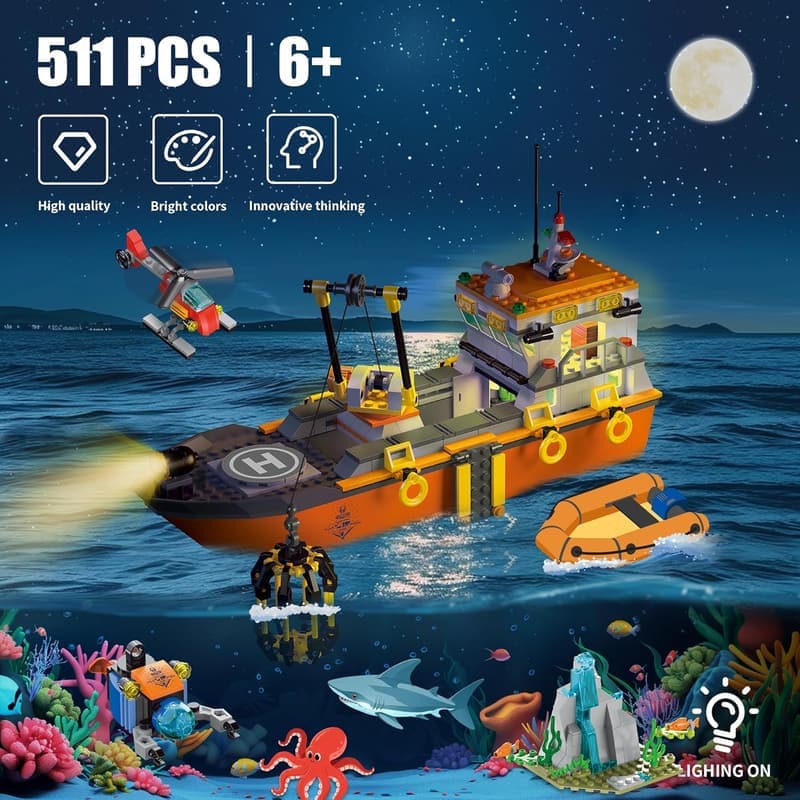 Ocean Explorer Ship Building Set with LED Lights - Birthday Gift for Kids