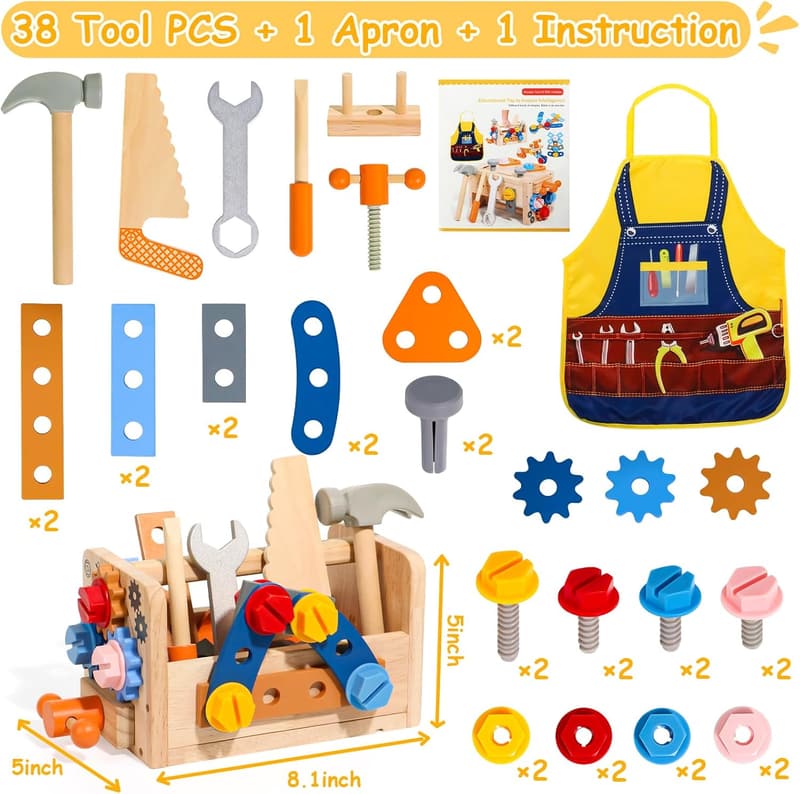 Montessori 39-Piece Kids Tool Set with Apron - Ages 2-4