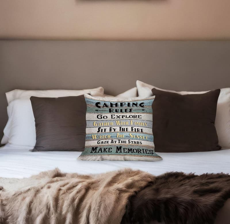 Funny Camping Rules Vintage Pillow Cover for Home & RV Decor