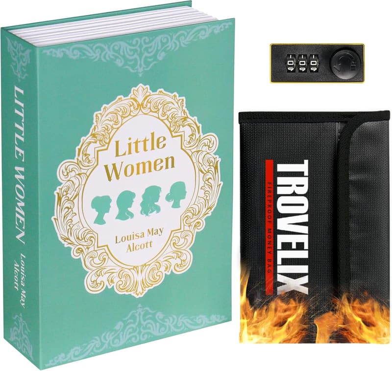 Hidden Book Safe with Combination Lock and Fireproof Bag