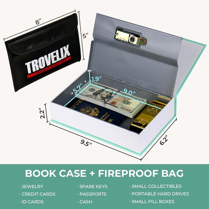 Hidden Book Safe with Combination Lock and Fireproof Bag