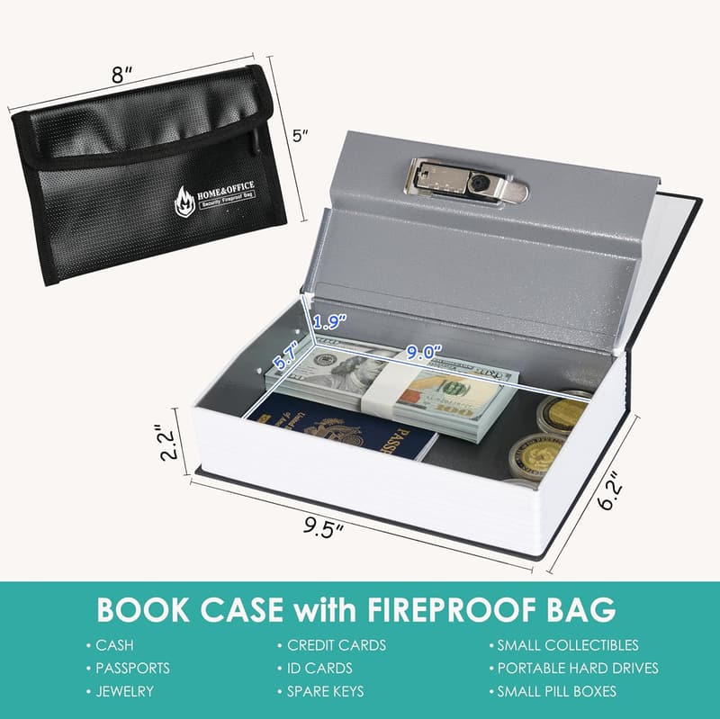 Fireproof Money Bag with Combination Lock & Hidden Book Safe