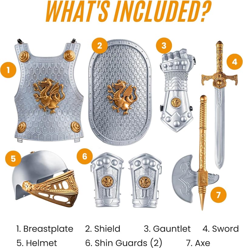 Kids Knight Armor Costume Set with Shield, Helmet, Sword – Ages 3-10