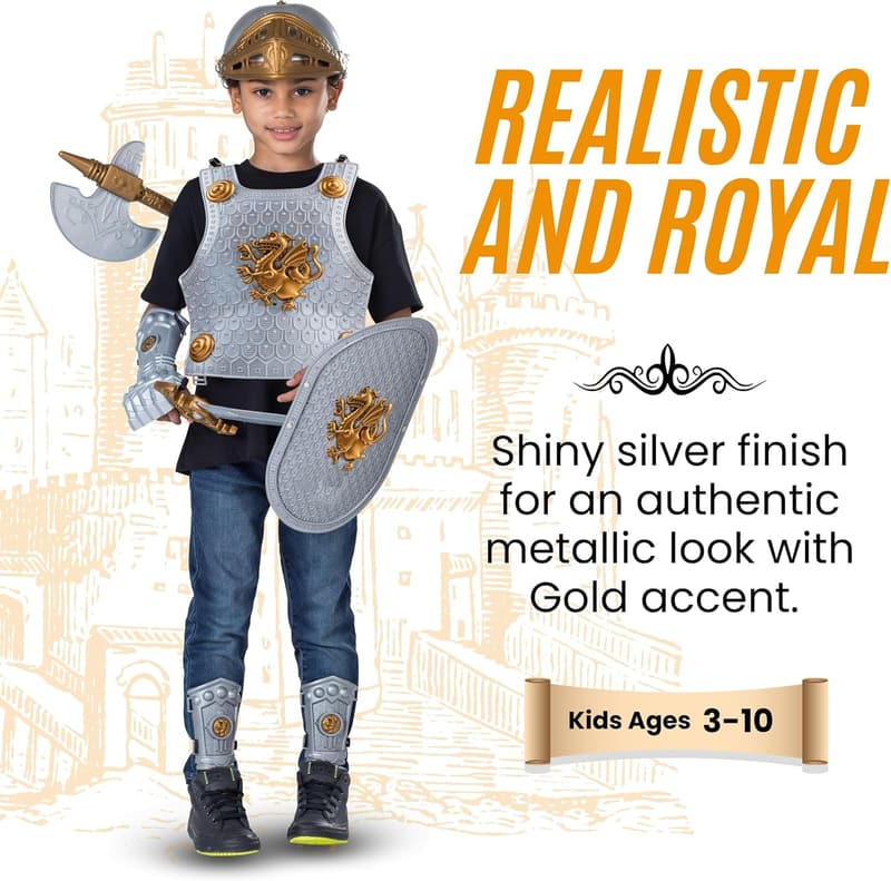 Kids Knight Armor Costume Set with Shield, Helmet, Sword – Ages 3-10