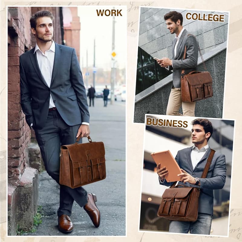 Vintage Leather Messenger Bag for Men - Waterproof Laptop Briefcase