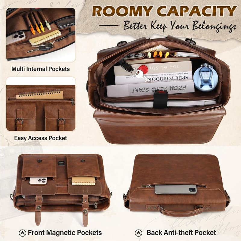 Vintage Leather Messenger Bag for Men - Waterproof Laptop Briefcase