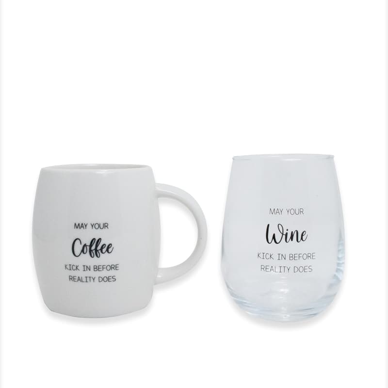 Graduation Gift Set: White Coffee Mug & Stemless Wine Glass