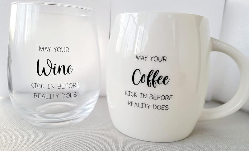 Graduation Gift Set: White Coffee Mug & Stemless Wine Glass