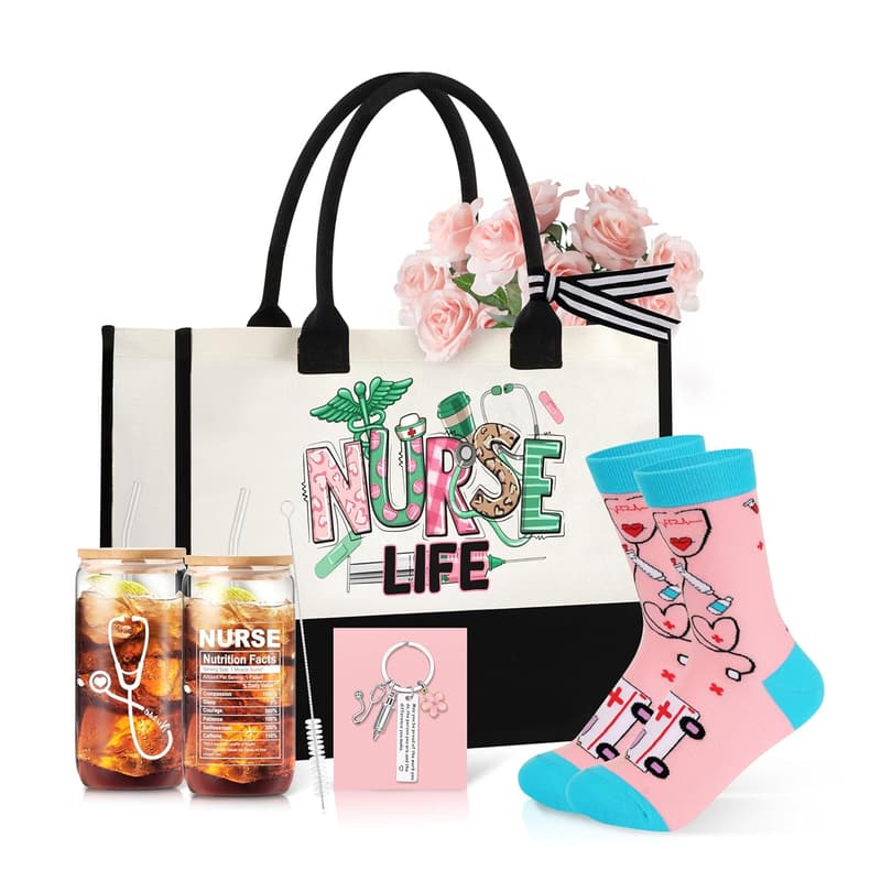 Nurse Appreciation Gift Set - Canvas Bag, Socks, Keychain, Glass