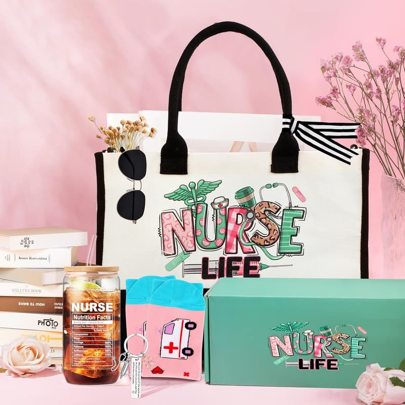 Nurse Appreciation Gift Set - Canvas Bag, Socks, Keychain, Glass
