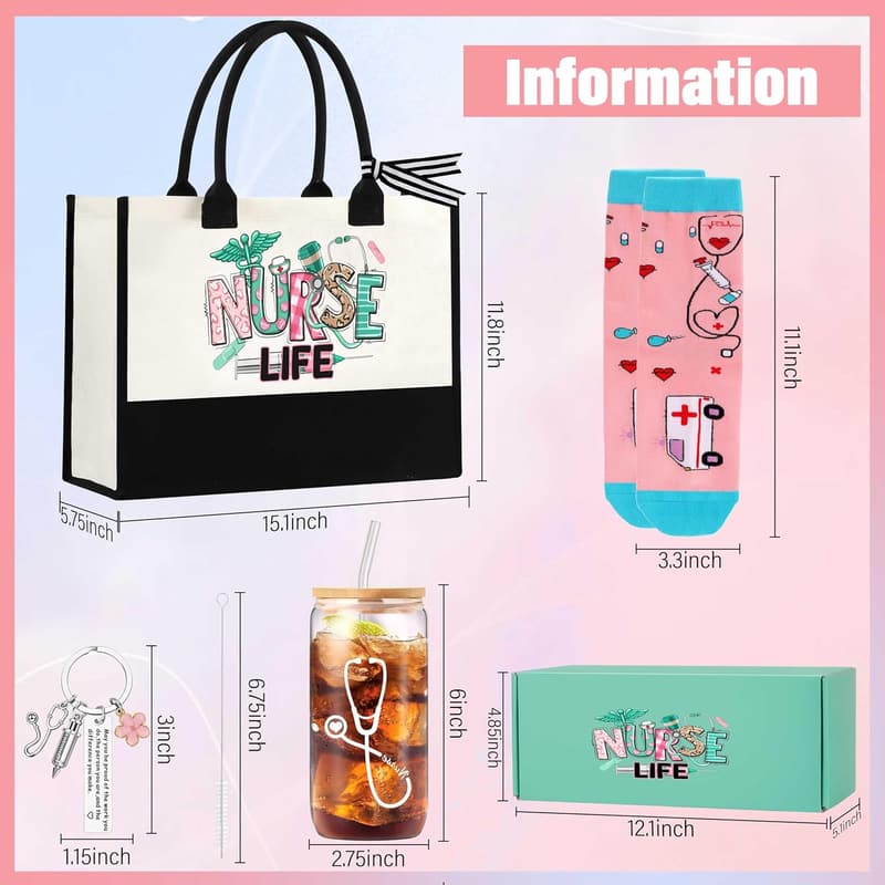 Nurse Appreciation Gift Set - Canvas Bag, Socks, Keychain, Glass