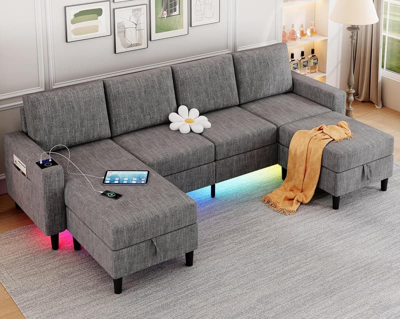 Light Grey 4-Seat Linen Sectional Sofa with USB Charging