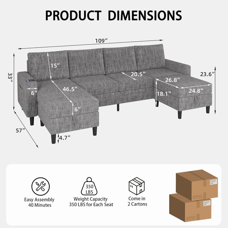Light Grey 4-Seat Linen Sectional Sofa with USB Charging