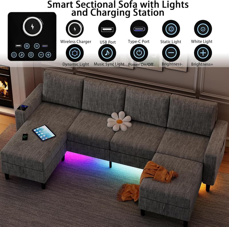 Light Grey 4-Seat Linen Sectional Sofa with USB Charging