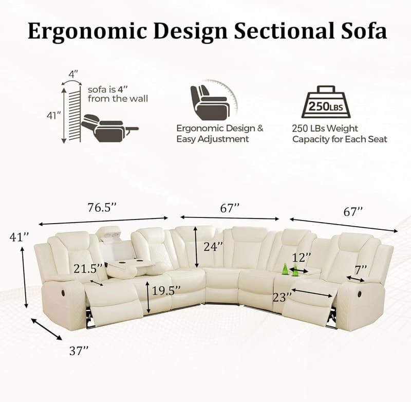 Power Recliner Sectional Sofa with LED Lights & Wireless Charger