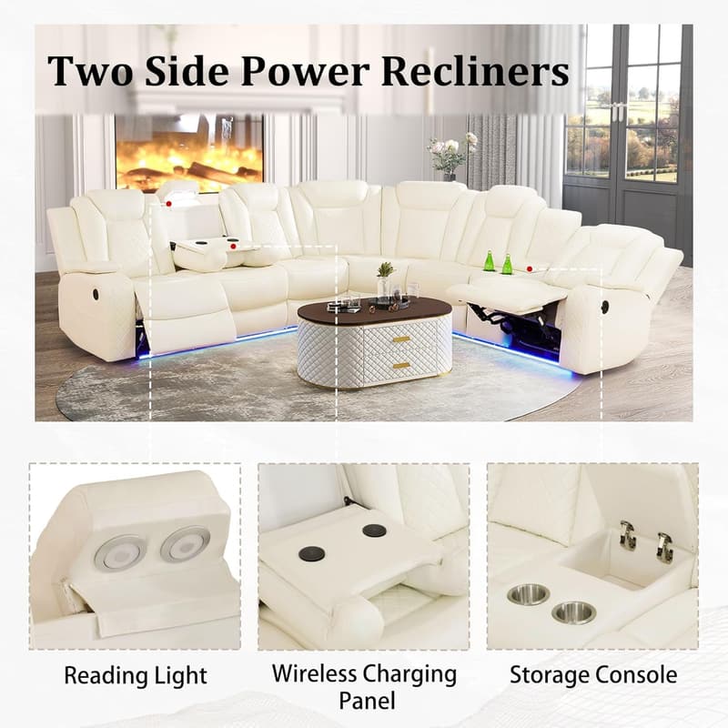 Power Recliner Sectional Sofa with LED Lights & Wireless Charger