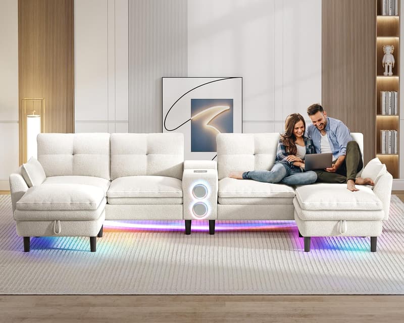 Modular U-Shaped Sectional Sofa with Bluetooth Speaker & LED Lights