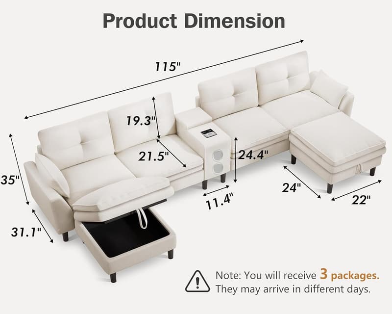 Modular U-Shaped Sectional Sofa with Bluetooth Speaker & LED Lights