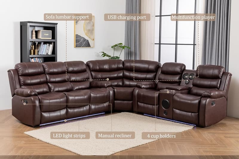 Modern Reclining Sectional Sofa with LED Light & USB Chargers