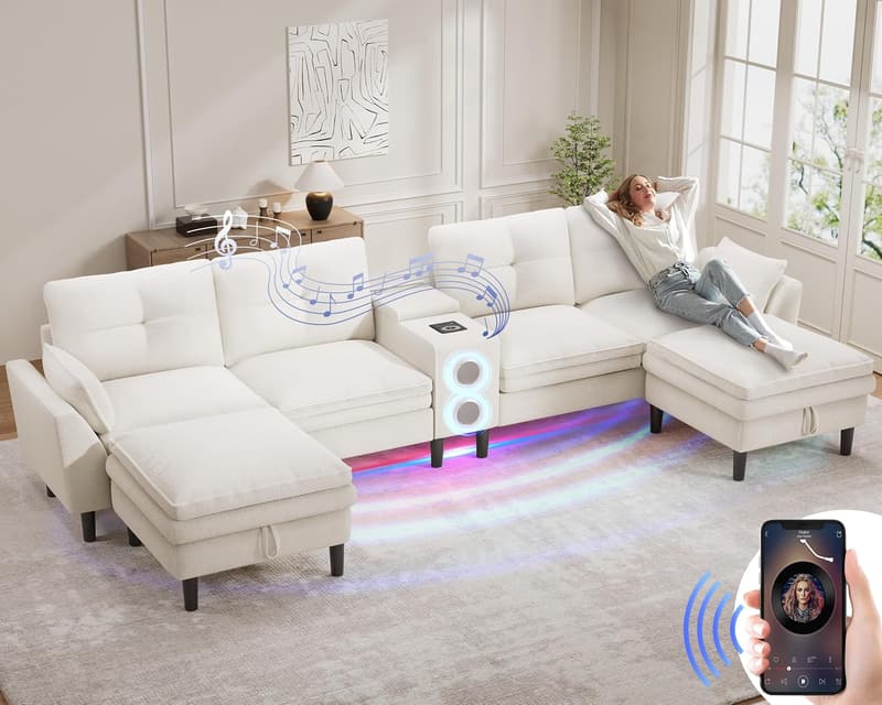 Modern Cloud Couch Sectional Sofa with Bluetooth & LED Light