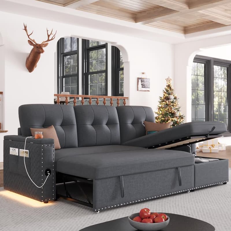 Modern Grey L-Shaped Sleeper Sofa Bed with LED Light & Storage