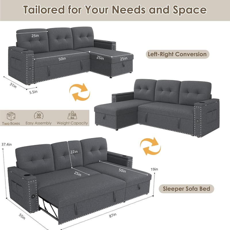 Modern Grey L-Shaped Sleeper Sofa Bed with LED Light & Storage