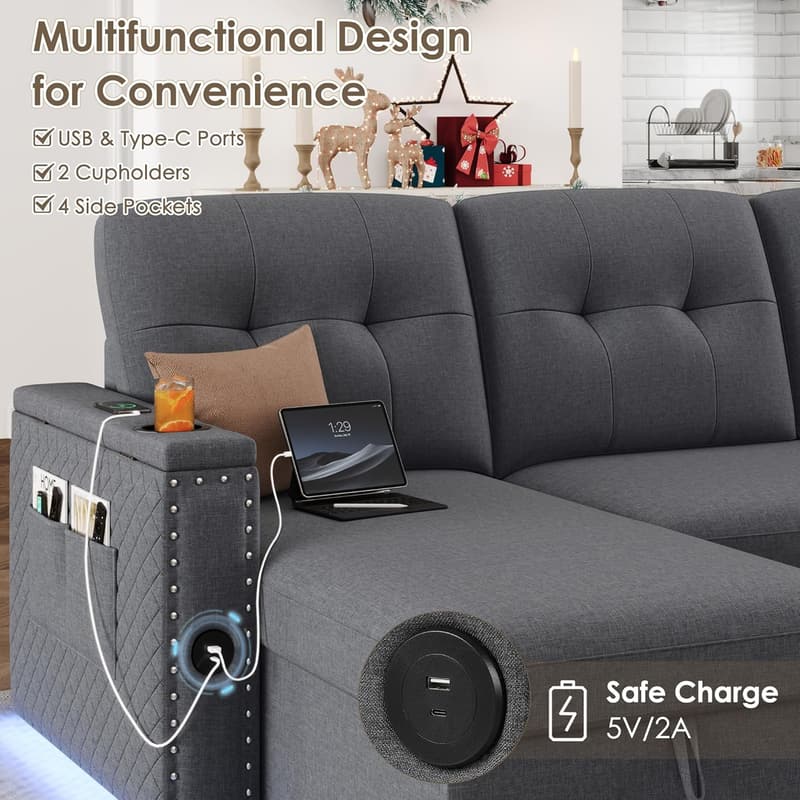 Modern Grey L-Shaped Sleeper Sofa Bed with LED Light & Storage