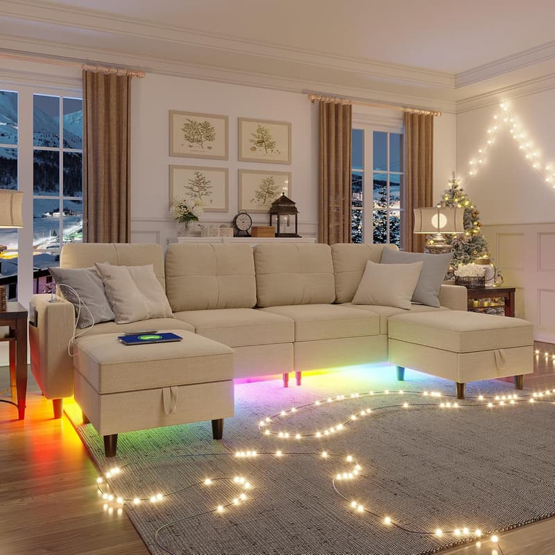 LED Sectional Sofa with Charging Station & Storage Ottoman - Beige
