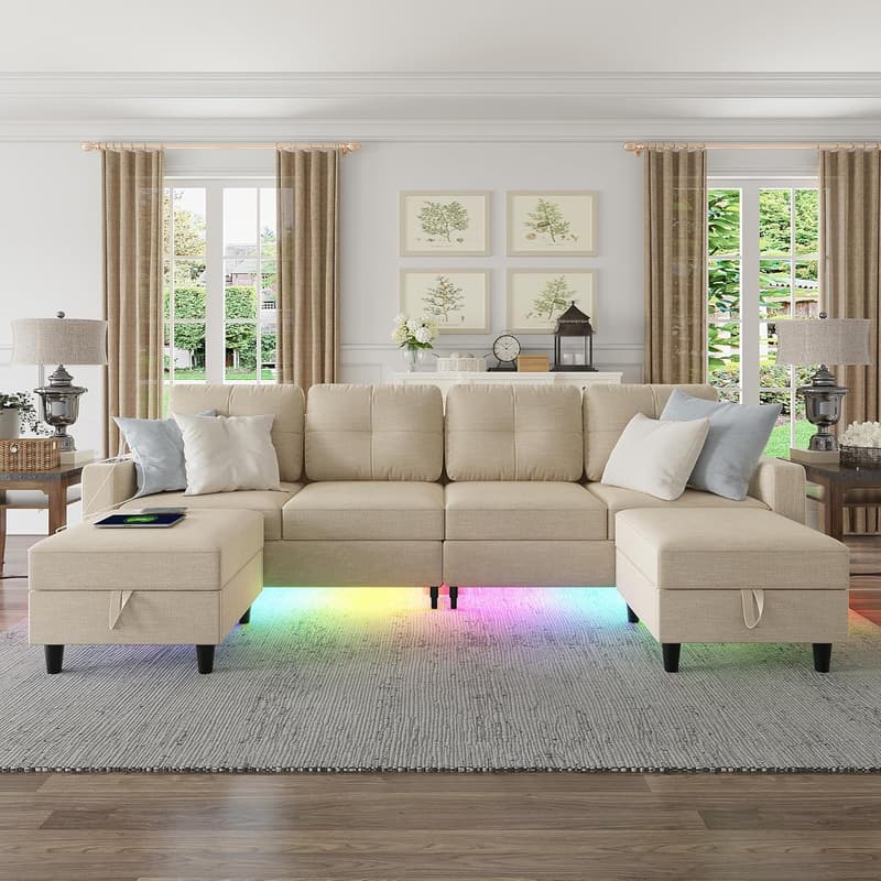 LED Sectional Sofa with Charging Station & Storage Ottoman - Beige