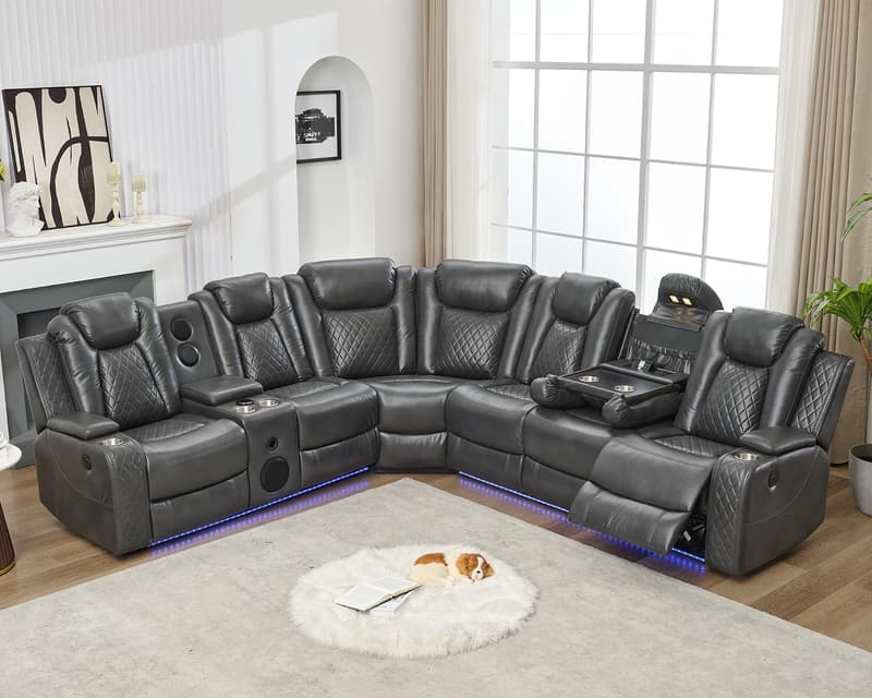 Gray Faux Leather Power Recliner Sectional Sofa with LED Lights