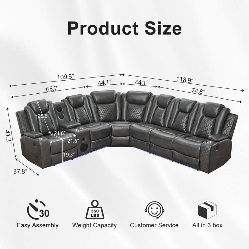 Gray Faux Leather Power Recliner Sectional Sofa with LED Lights