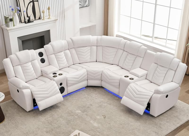 White Faux Leather Power Recliner Sectional Sofa with LED Light