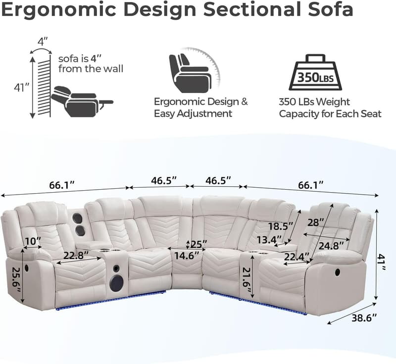 White Faux Leather Power Recliner Sectional Sofa with LED Light