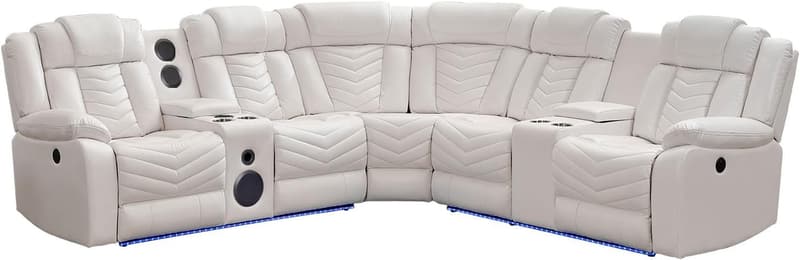 White Faux Leather Power Recliner Sectional Sofa with LED Light