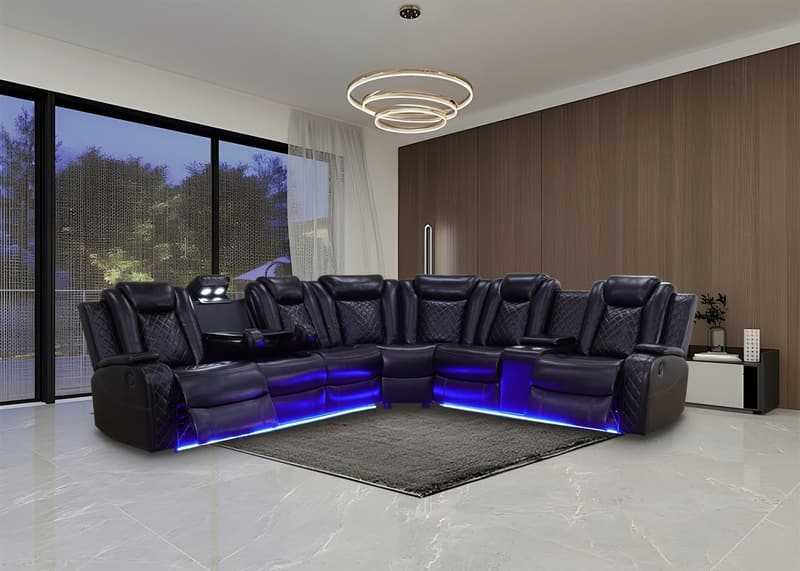 Modern L-Shaped Black Leather Reclining Sofa Set with LED Lights