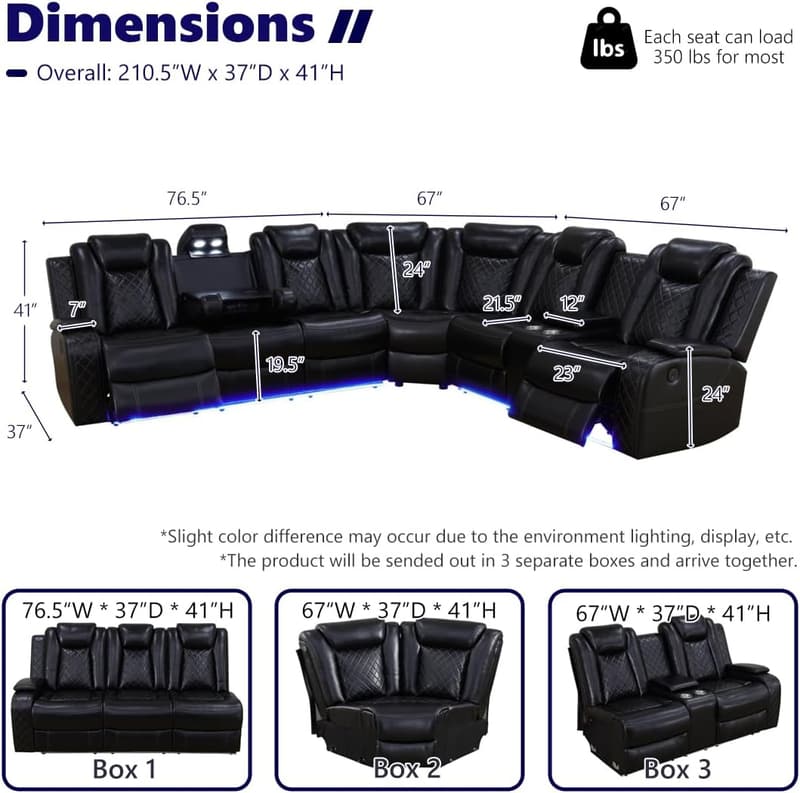 Modern L-Shaped Black Leather Reclining Sofa Set with LED Lights