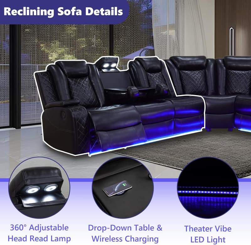 Modern L-Shaped Black Leather Reclining Sofa Set with LED Lights