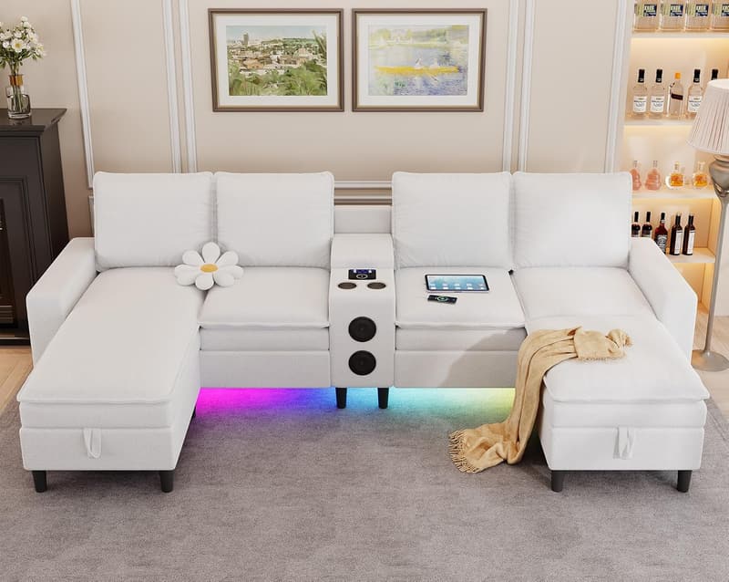 U Shaped 4-Seat Cloud Sectional Sofa with Bluetooth and Storage