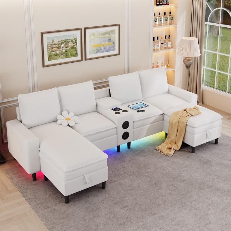 U Shaped 4-Seat Cloud Sectional Sofa with Bluetooth and Storage