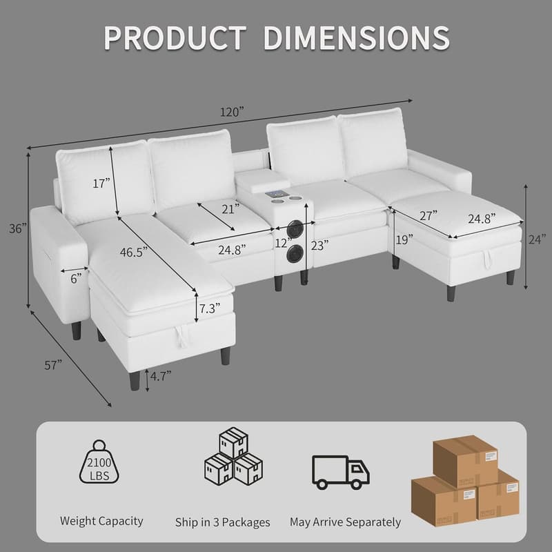 U Shaped 4-Seat Cloud Sectional Sofa with Bluetooth and Storage