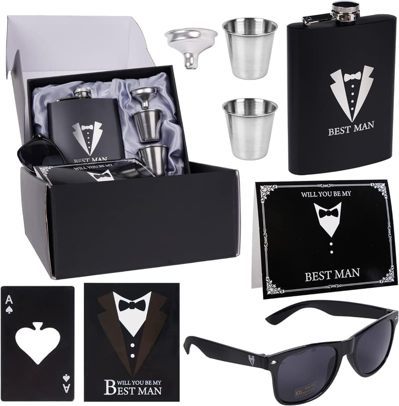Best Man Proposal Box Set: 8oz Stainless Steel Flask & Accessories