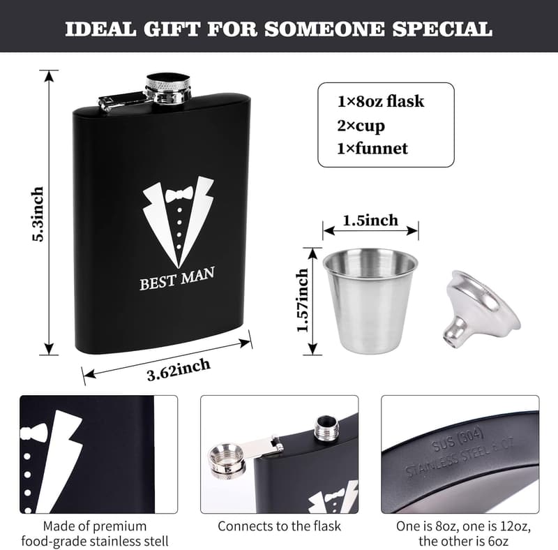Best Man Proposal Box Set: 8oz Stainless Steel Flask & Accessories