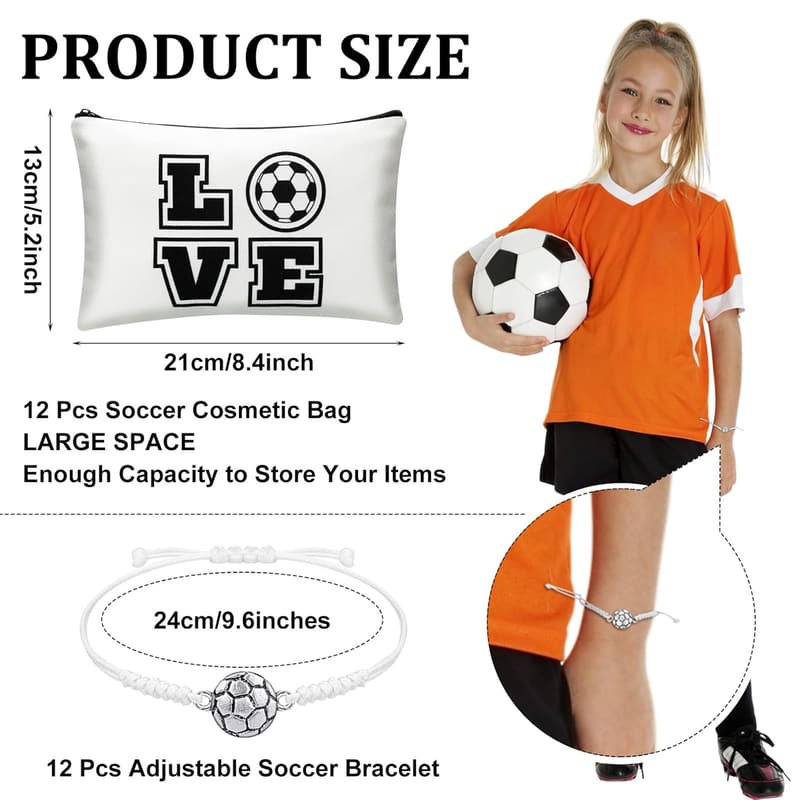 Soccer Gifts Set: 12 Adjustable Bracelets & Makeup Bags
