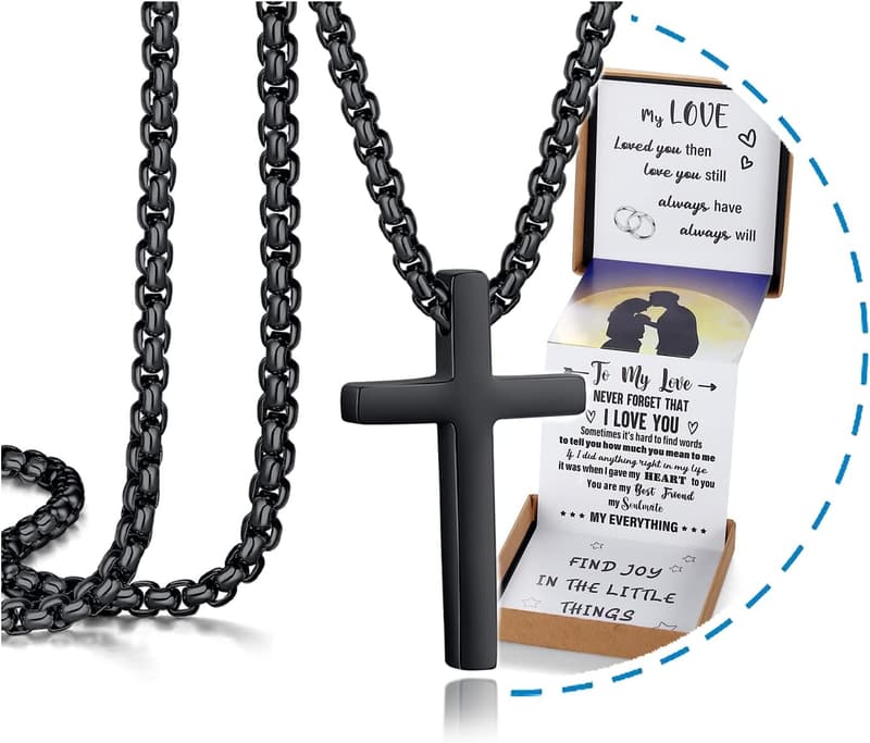 Graduation Cross Necklace for Men – Black/Silver Gift Box