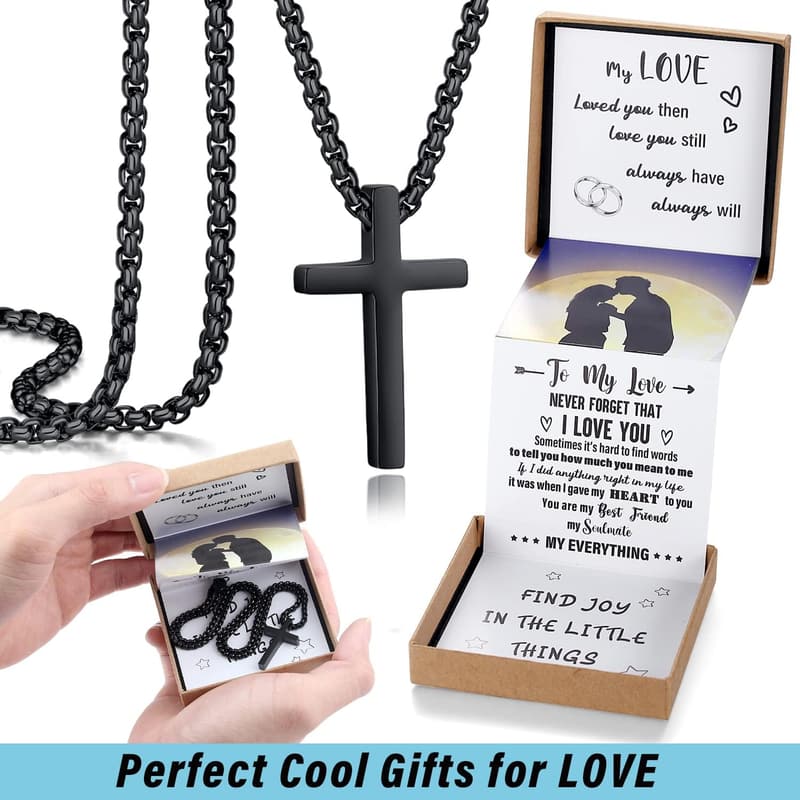 Graduation Cross Necklace for Men – Black/Silver Gift Box